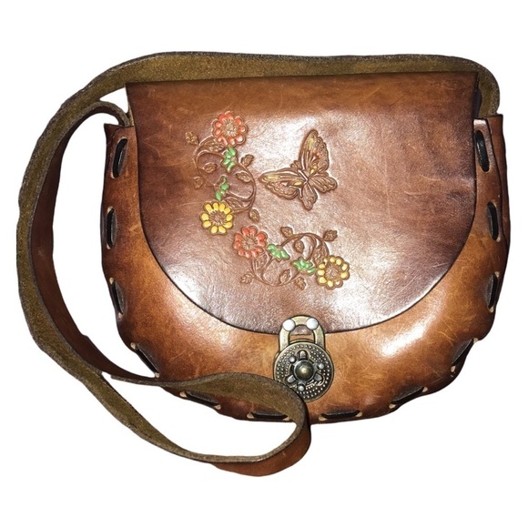 Vintage 70s Style Leather Tooled Painted Saddle Bag Florals Butterfly Shoulder - Picture 1 of 14